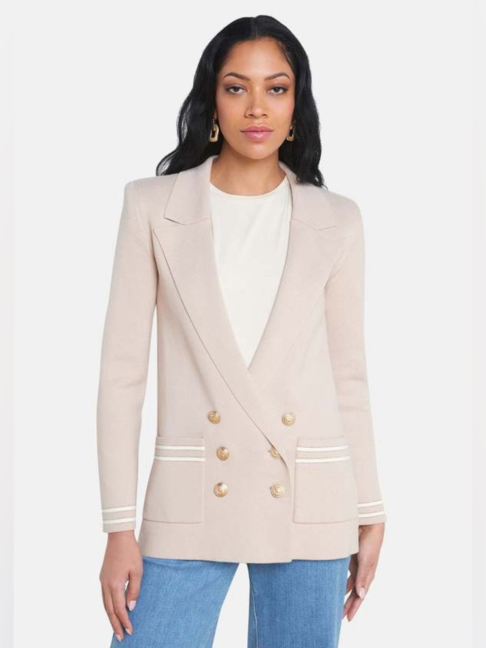 L’AGENCE Eileen Knit Double-Breasted Boyfriend Knit Blazer Blush Pink M $525 - Picture 2 of 15